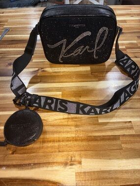 Karl Lagerfeld Black Rhinestone Logo Crossbody with Wide Logo Strap